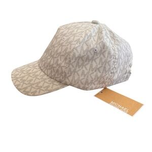 New Michael Kors Cotton Baseball Hat Signature Logo on Cream w Beige letters OS